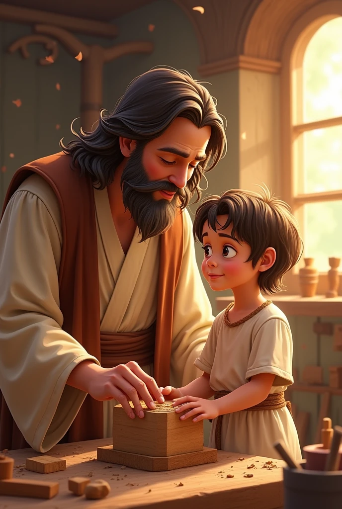 Jesus helping Joseph ( your father) in the carpentry In Disney drawing format