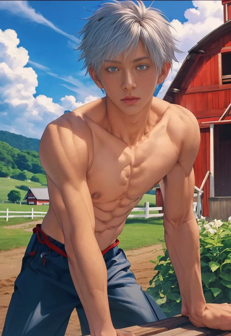 1 male, handsome Japanese male model, high resolution 4k, adult, semi realistic, perfect face detail, detailed eyes and face, muscular, white eyebrow hair, white eyelashes, Naked torso, Detailed face, perfect face, real skin texture, detail Perfect hand, details, Real and complete hand details, unreal engine, hd picture, satoru gojo, Jujutsu kaisen, white hair, short hair ,hair between eyes ,blue eyes, white skin, background of farm place