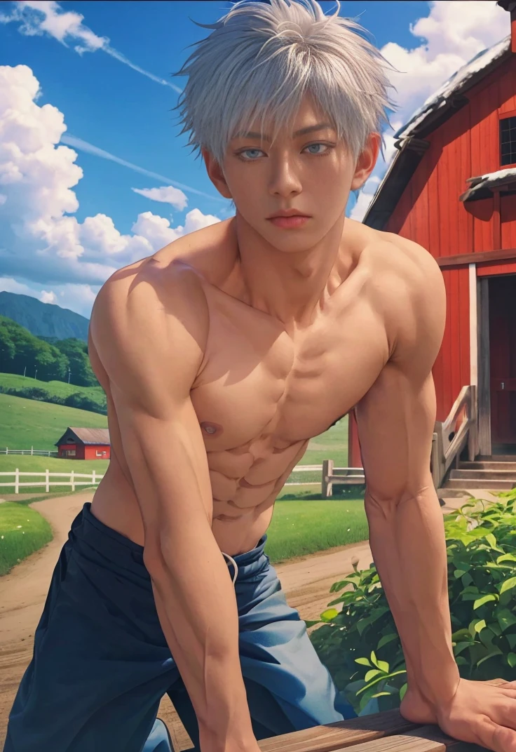 1 male, handsome Japanese male model, high resolution 4k, adult, semi realistic, perfect face detail, detailed eyes and face, muscular, white eyebrow hair, white eyelashes, Naked torso, Detailed face, perfect face, real skin texture, detail Perfect hand, details, Real and complete hand details, unreal engine, hd picture, satoru gojo, Jujutsu kaisen, white hair, short hair ,hair between eyes ,blue eyes, white skin, background of farm place