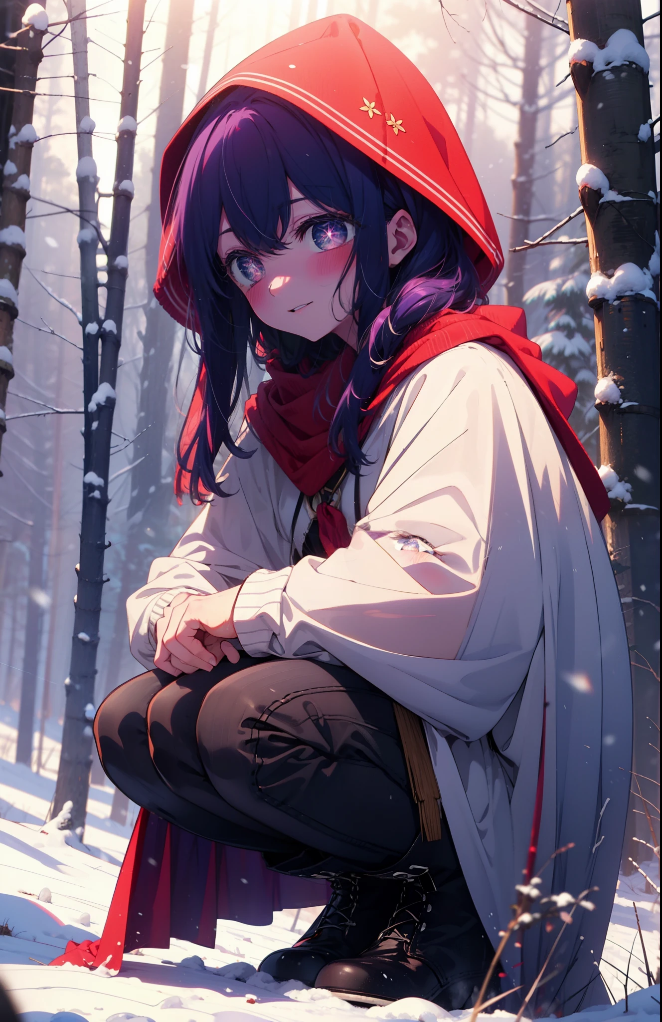 aihoshino, Ai Hoshino, Long Hair, bangs, (Purple eyes:1.1), Purple Hair, (Symbol-shaped pupil:1.5), smile,,smile,blush,white breath,
Open your mouth,snow,Ground bonfire, Outdoor, boots, snowing, From the side, wood, suitcase, Cape, Blurred, , forest, White handbag, nature, Squat, Mouth closed, Cape, winter, Written boundary depth, Black shoes, red Cape break looking at viewer, Upper Body, whole body, break Outdoor, forest, nature, break (masterpiece:1.2), Highest quality, High resolution, unity 8k wallpaper, (shape:0.8), (Beautiful and beautiful eyes:1.6), Highly detailed face, Perfect lighting, Highly detailed CG, (Perfect hands, Perfect Anatomy),