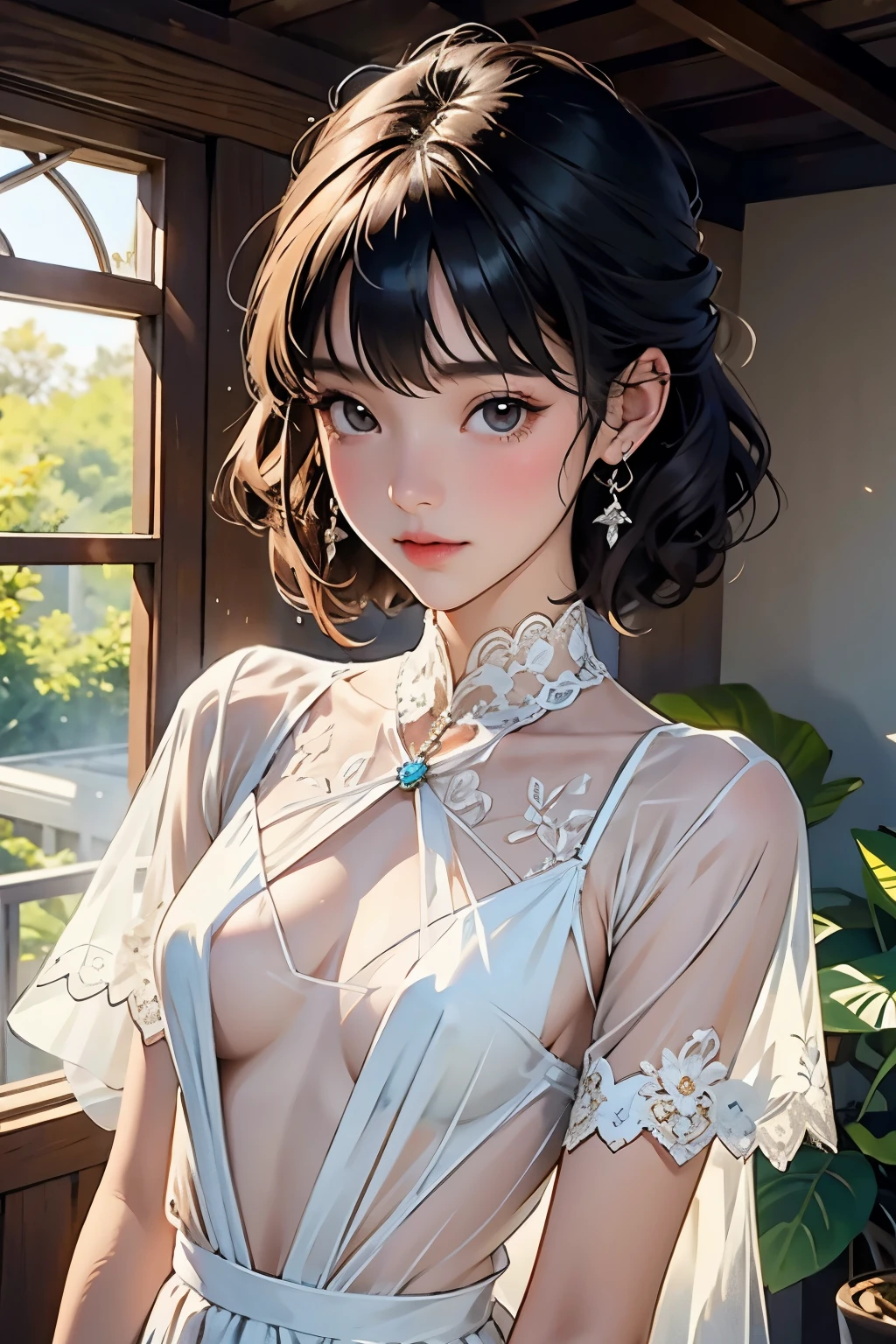 Very beautiful 17 year old girl, See through,Beautiful and fair、Clear skin、Glowing Skin, bright, Refreshing and gentle look, Perfect beautiful face、Beautiful shiny bangs, Small breasts,Lace dress,See through,