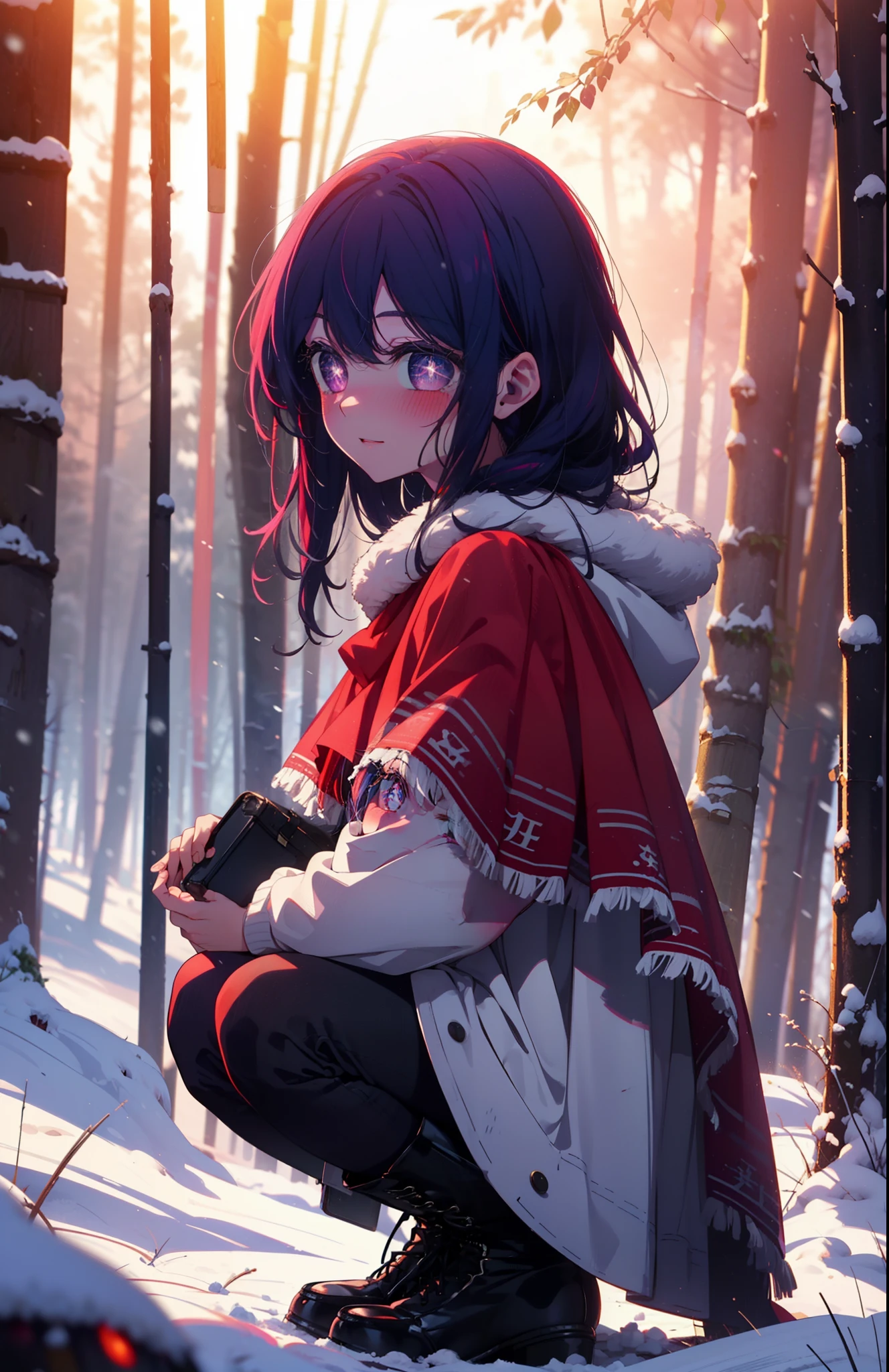 aihoshino, Ai Hoshino, Long Hair, bangs, (Purple eyes:1.1), Purple Hair, (Symbol-shaped pupil:1.5), smile,,smile,blush,white breath,
Open your mouth,snow,Ground bonfire, Outdoor, boots, snowing, From the side, wood, suitcase, Cape, Blurred, , forest, White handbag, nature, Squat, Mouth closed, Cape, winter, Written boundary depth, Black shoes, red Cape break looking at viewer, Upper Body, whole body, break Outdoor, forest, nature, break (masterpiece:1.2), Highest quality, High resolution, unity 8k wallpaper, (shape:0.8), (Beautiful and beautiful eyes:1.6), Highly detailed face, Perfect lighting, Highly detailed CG, (Perfect hands, Perfect Anatomy),