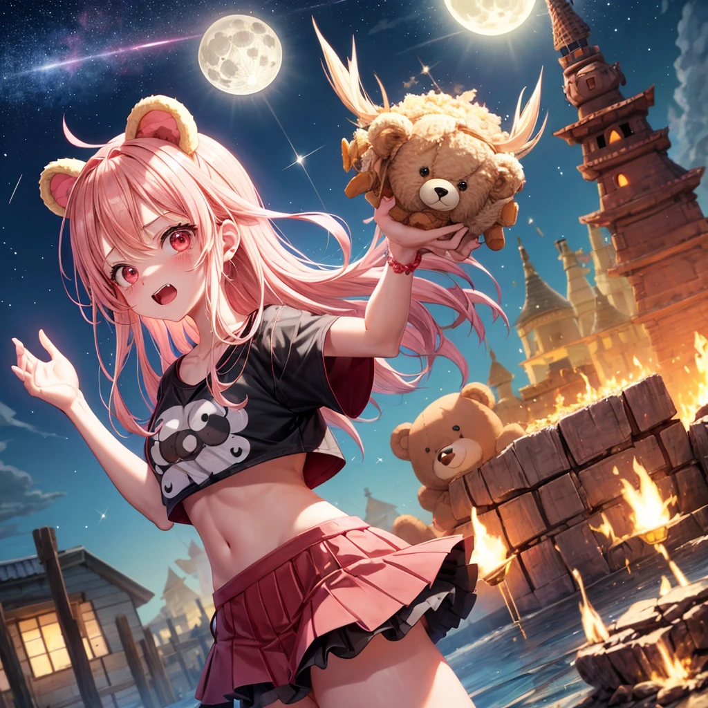 Pink Blonde、Red eyes、Hair tied up、One cute girl、solo、And soul、Checked mini skirt、black t-shirts、one piece、bear ears baseball cap、large tree、Thundercloud、Burning Full Moon、desert、Iron ore piles up、Teeth are visible、Fortress City、Tilting face、Starry Sky、firework、A teddy bear is jumping