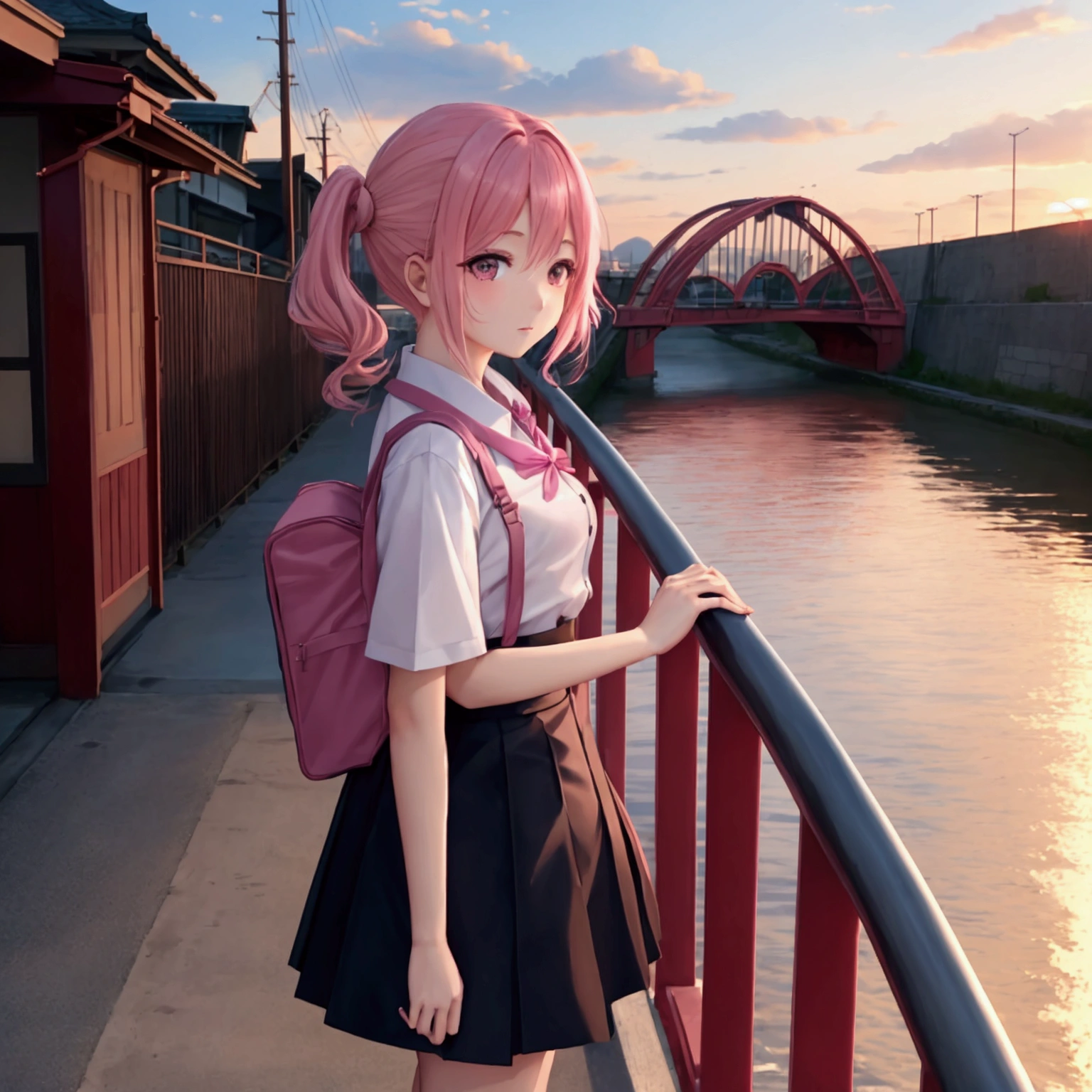 uniform、Pink Hair、girl、On Bridge、wood、Sunset