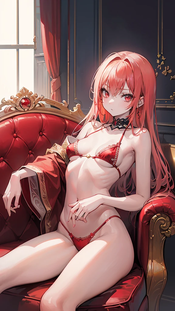 ((True best masterpiece, Ultimately perfect quality, Extremely delicate details)), ((Red skin, Slim body, Whole body)), A skinny girl with small bust, With vivid-red skin, Wearing a red bikini, Sitting on a gothic sofa