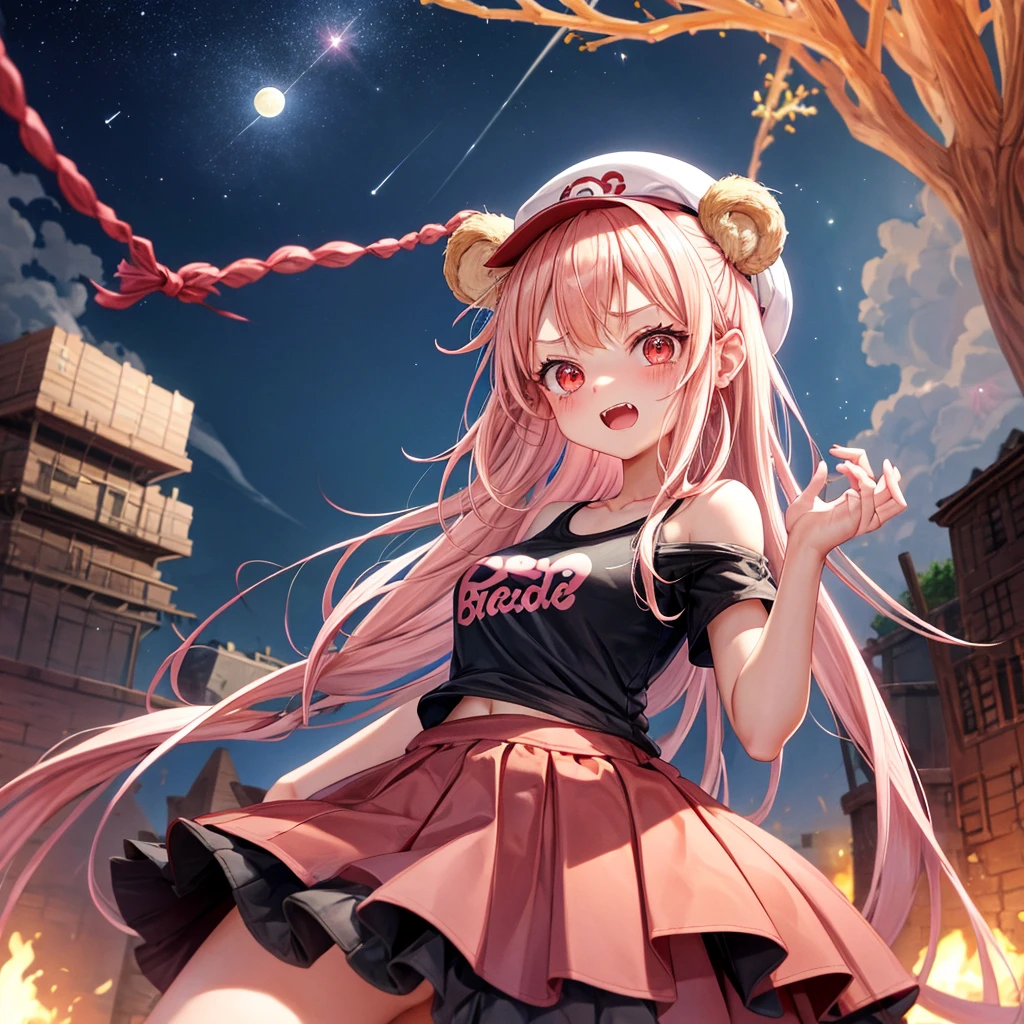 Pink Blonde、Red eyes、Hair 、One cute girl、solo、And soul、Checked mini skirt、black t-shirts、one piece、bear ears baseball cap、large tree、Thundercloud、Burning Full Moon、desert、Iron ore piles up、Teeth are visible、Fortress City、Tilting face、Starry Sky、firework、A teddy bear is jumping