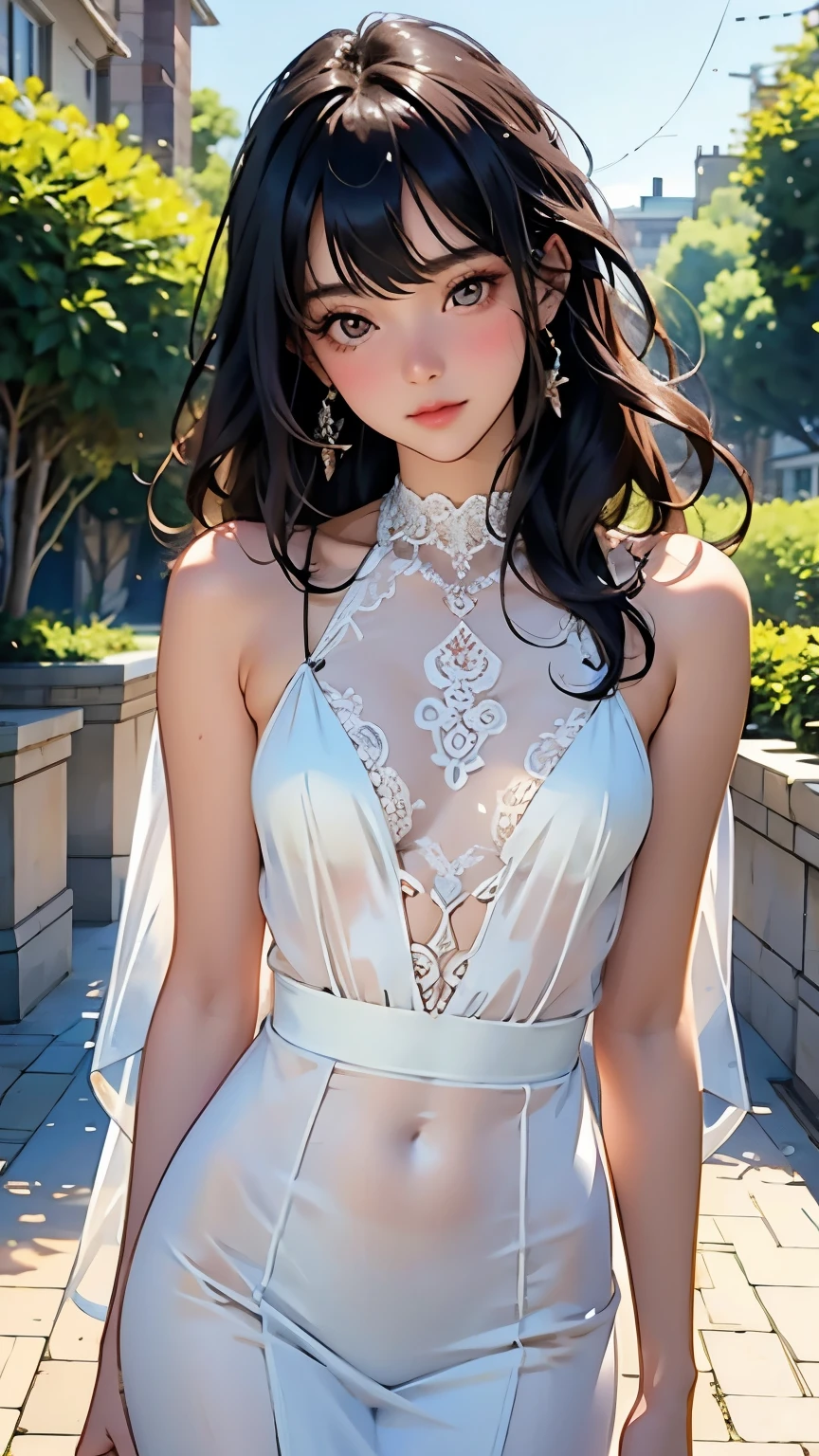 Very beautiful 17 year old girl, See through，Beautiful and fair、Clear skin、Glowing Skin, bright, Refreshing and gentle look, Perfect beautiful face、Beautiful shiny bangs, Small breasts，Lace dress，See through，