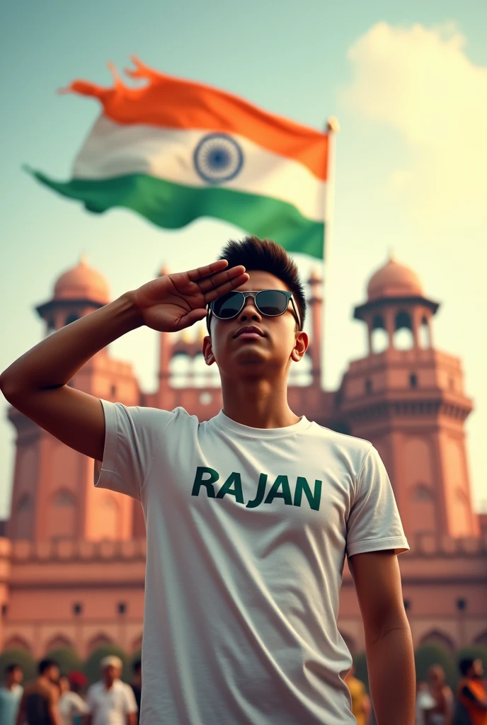 7TH PROMPT :- Create a realistic picture of an 18-year-old boy wearing a white t-shirt and blue jeans. He is saluting a big flying Indian flag, with the Red Fort in the background. The name “Rajan” is written on his t-shirt in bold letters, sunglasses. The overall image should have a divine background, reminiscent of Indian Republic Day, with people celebrating.
