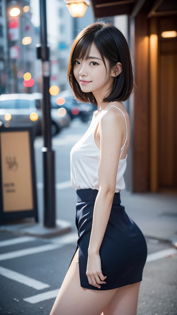 Thin legs, , New York night view、Blur the background, Sidewalk, RAW Photos, 8k, Highest quality, Ultra-high resolution, Beautiful facial details, Real human skin, Gentle expression, Front view, Angle from below, Long Hair, Realistic, Realistic, cute, The lower part of the body is panties, cute女子大学生, office lady, smile、Japanese、Japanese美女、Professional fashion model, whole body,Perfect Face、Perfect body line、Short Hairstyles,Upper body photo、Please stand up straight、