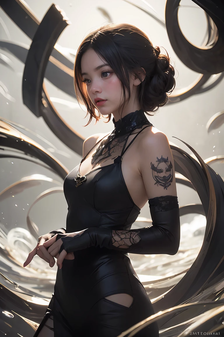 ((masterpiece, best quality)), ultra detailed 8k, photorealistic, sharp focus, highly detailed, professional lighting , shadowmancer, photo of a woman, ink particle, ((swirling black ink floating around)), futuristic fantasy, futuristic black dress, dynamic pose, realistic, masterpiece, intricate details, detailed background, depth of field, 