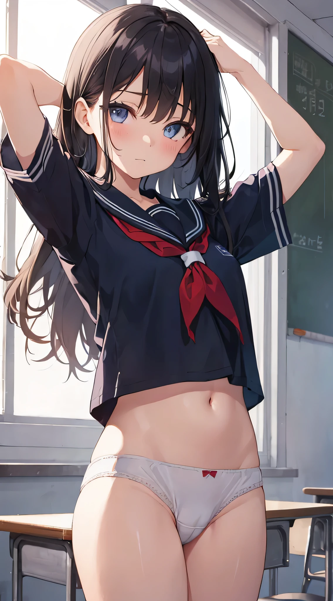 nsfw,alone, (One girl), Elementary school girl,8-year-old, ((White panties)), (wearing only the top half of sailor school uniform), Sailor with un-folded hems, sexy, (Cowboy Shot), ((Put your arms behind your head)), classroom, With a girl:Her hair is long and black, Her face is round and cute。It's below the knee。The shoes are black loafers。The girl had a surprised look on her face, Joy and emotion.、With eyes wide open, Open your mouth, Tears were reddening her cheeks, The cheeks and hands are drawn large., Black Hair, Low twin tails, (Are standing),(Shy, Embarrassing),Sit on a chair、Spread your legs、(((pussy cameltoe:1.0))),((Wet)),