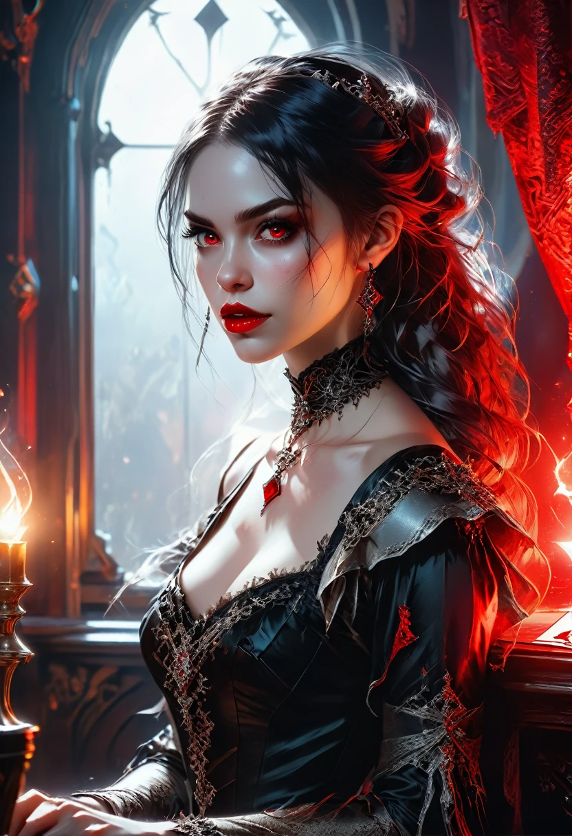 a portrait of a vampire playing poker game of cards, holding cards ((cards not shown:1.5)) the cards are dripping blood, an exquisite beautiful vampire, goth vampire, ((dynamic hair color: 1.5)), white pale skin, some blood veins are seen on the skin, red lips, red eyes, glowing eyes, wearing goth dress, silk dress, there are diamonds on the dress, earing a choker studded with a red diamond, ((vampire fangs:1.5)), she sits near a poker table in a dark fantasy room, there is a playing table, torch light,  vibrant, Ultra-high resolution, High Contrast, (masterpiece:1.5), highest quality, Best aesthetics), best details, best quality, highres, ultra wide angle, 16k, [ultra detailed], masterpiece, best quality, (extremely detailed: 1.5), rpg portrait, NRART