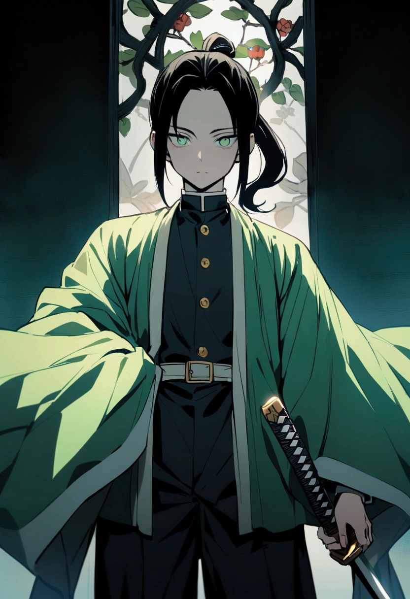 Boy belonging to the Demon Slayer hashiras with long black hair tied in a thin ponytail at the bottom of his head ,light green eyes,with a green haori with Tokito Muichiro&#39;s uniform and a katana representing nature 