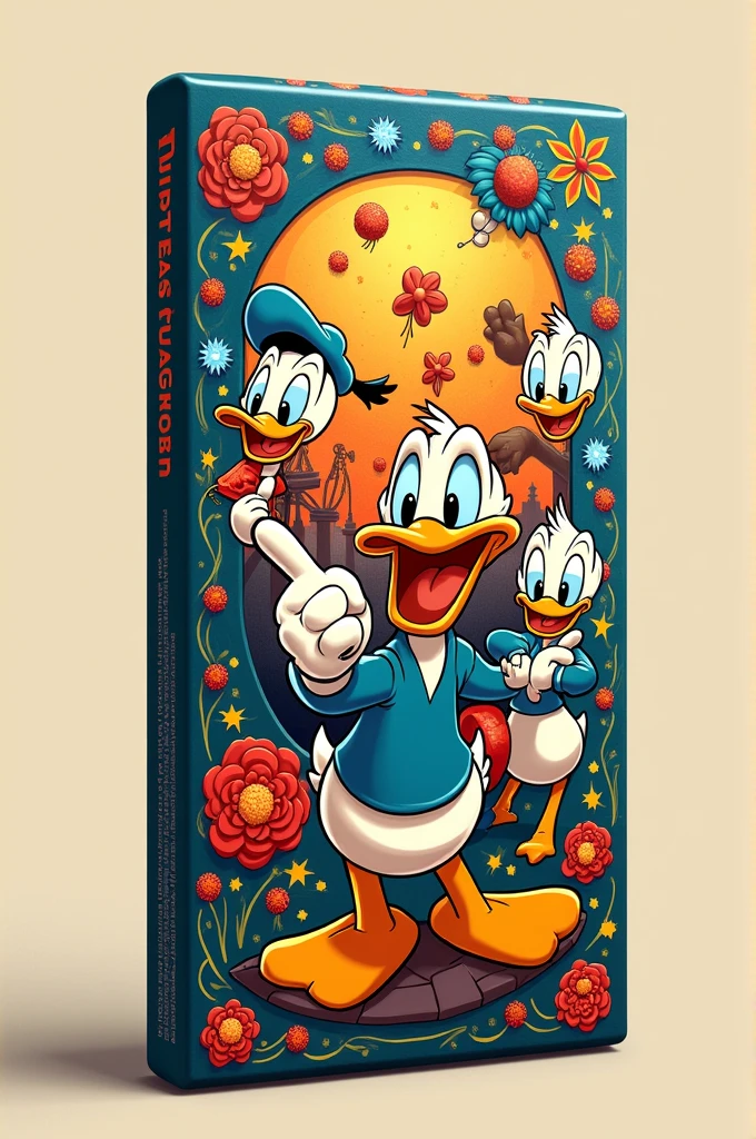Packaging of a chocolate bar with cartoons (like donald duck) colorful