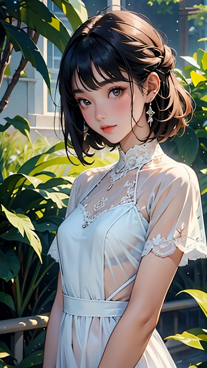 Very beautiful girl, See through,(whole body)、Beautiful and fair、Clear skin、Glowing Skin, bright, Refreshing and gentle look, Perfect beautiful face、Beautiful shiny bangs, Small breasts,Lace dress,See through,