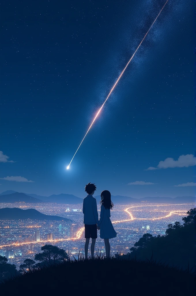 A wide-angle view captures the essence of a masterpiece, showcasing the impeccable quality and hyperrealism in the style of Makoto Shinkai. The scene depicts a breathtaking hillside where a couple's silhouettes stand, gazing at the glittering cityscape of Japan at night. The sky is adorned with a myriad of stars, and a shooting star streaks across, illuminating the area beside the characters' faces. This magical and romantic atmosphere is further enhanced as the couple's figures blend seamlessly with the distant lights, creating a mesmerizing composition.