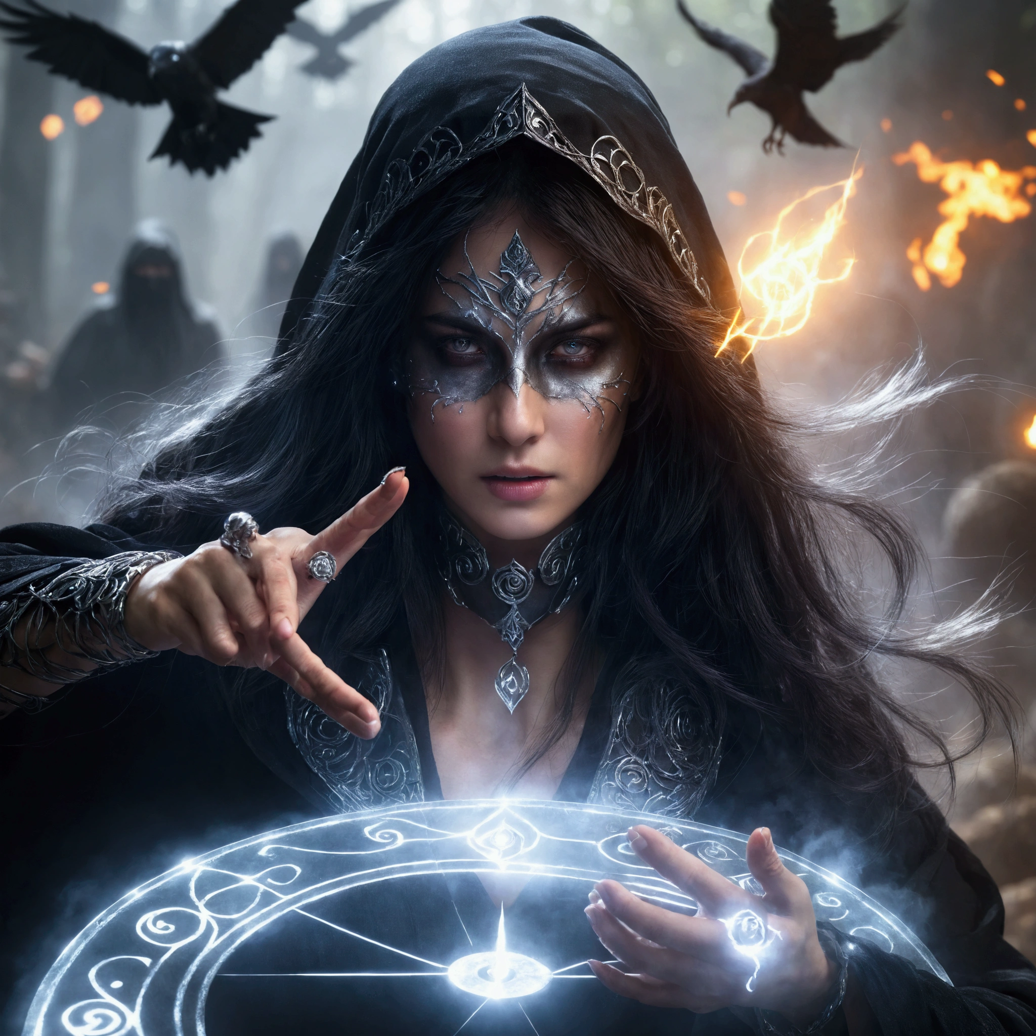 An ultra-realistic, high-definition photo of a dark mage, with her dark hair adorned with grey highlights. She wears a black mask that covers her face, and her piercing light grey eyes reflect her intense focus. Surrounded by an epic battle scene, she casts powerful spells with a dramatic, sweeping gesture. Magical energy crackles around her, as sparks fly in all directions. A circle of glowing runes on the ground seems to amplify her powers, and the fantasy background enhances the ethereal atmosphere. The overall effect is a cinematic, dark fantasy portrait that captures the essence of a powerful sorceress in the heat of battle., photo, portrait photography, dark fantasy, cinematic