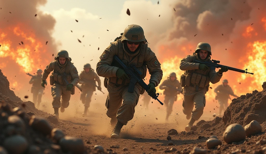 Many army officers fighting in the field, there is bom blast also going on