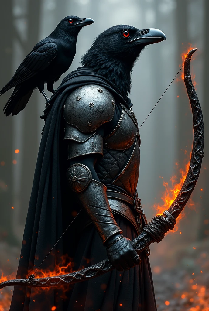 Black archer with raven on shoulder, black flame power, black and silver armor
