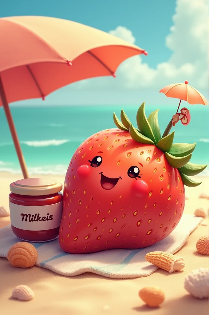 Strawberry with a face lying on a towel sunbathing on the beach with a jar of jam next to it, with some shells in the sand, an umbrella drinking a Milkeis and with an umbrella covering the strawberry from the sun