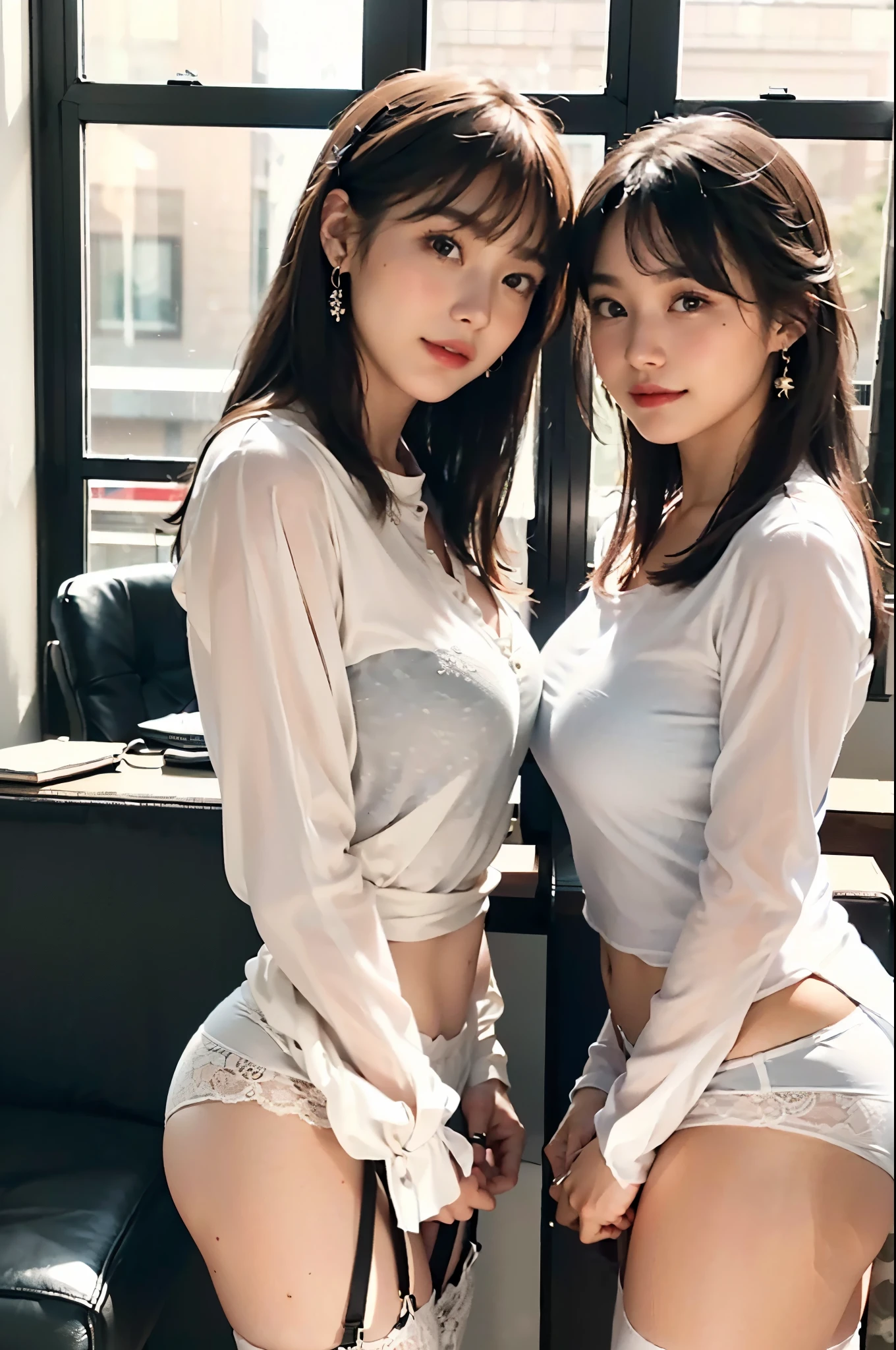 (A close-up selfie photo of two beautiful Japanese idols), (Both looking at the viewer), (Both standing and facing the front), (in a large office), (Both smiling), Highest Resolution, masterpiece, (Both wearing elegant formal white long-sleeve blouse, and sexy-panties and stockings), Both wearing earrings, (((big beady eyes))), Bangs-down