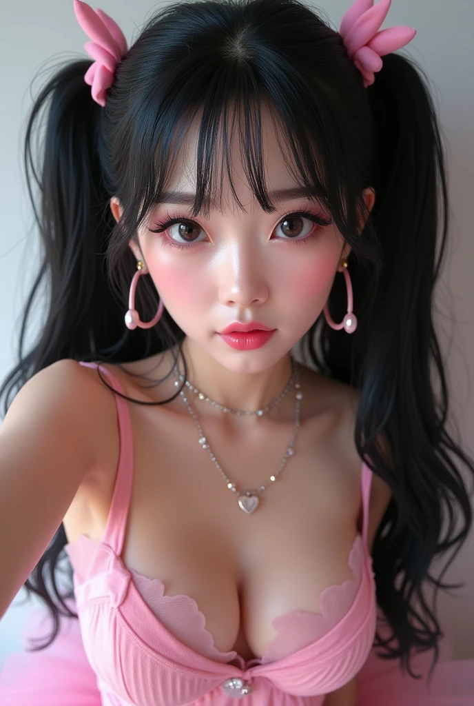 Perfect Face,beautiful girl,Idol,Idol衣装,skirt,Tutu,Long Black Hair,Korean Makeup,Big eyes,Droopy eyes,Pink Makeup,Bangs,Twin tails,Big Breasts,Selfie