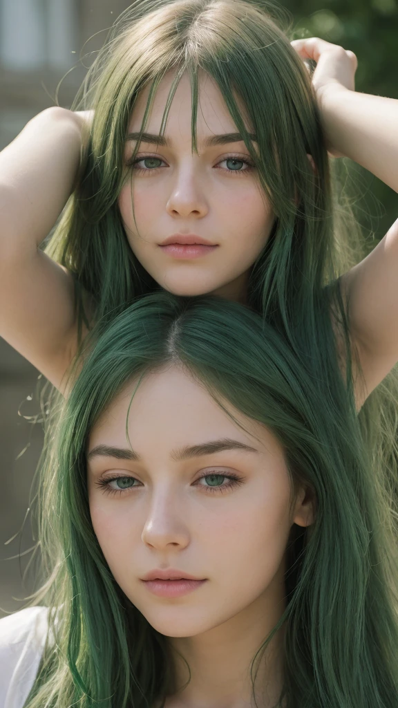 face portrait. a girl. european. oval face. delicate features. long face. green eyes. half-closed eyes. long straight hair. messy hair. green hair. happy. looking straight