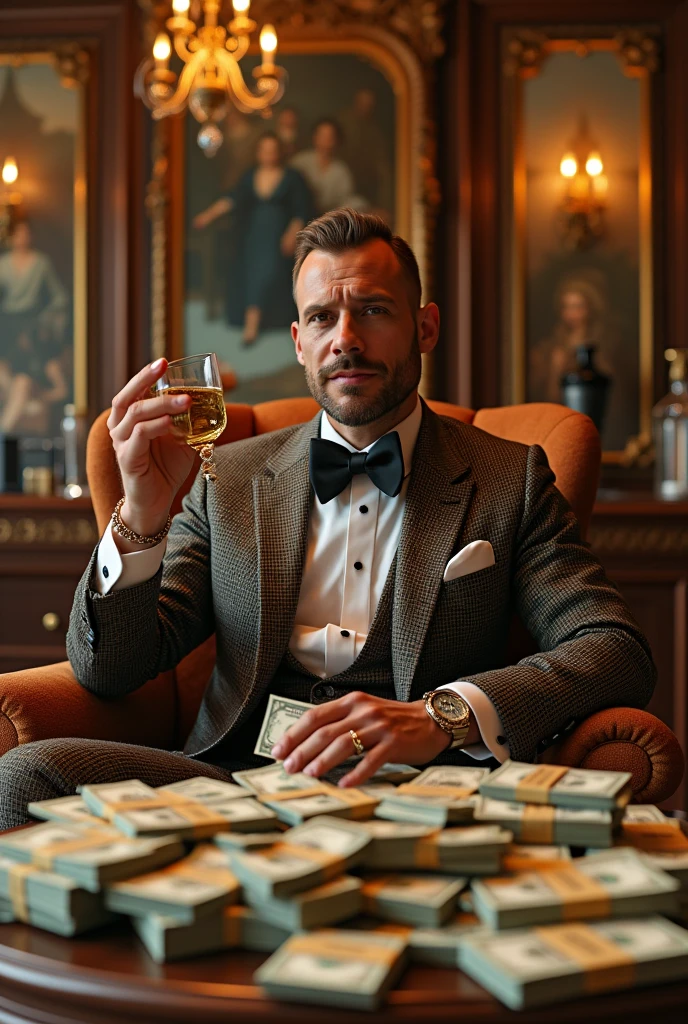 rich man aged between 50 and 60 years old, sitting in an armchair, and some wad of money holding a glass of whiskey, wearing suit