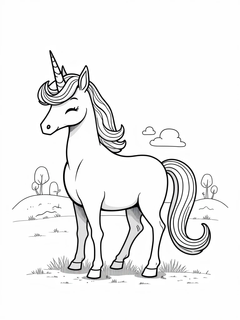 b&w lineart unicorn style happy, minimalist style, park background, full body, picture, coloring book style on white background, well composed, clean coloring book page, No dither, no gradient, strong outline, No fill, No solids, vector illustration