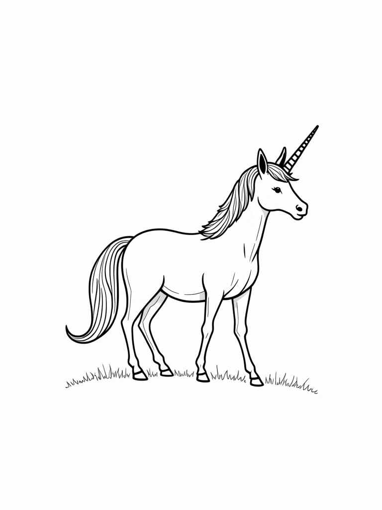 b&w lineart unicorn style happy, minimalist style, park background, full body, picture, coloring book style on white background, well composed, clean coloring book page, No dither, no gradient, strong outline, No fill, No solids, vector illustration