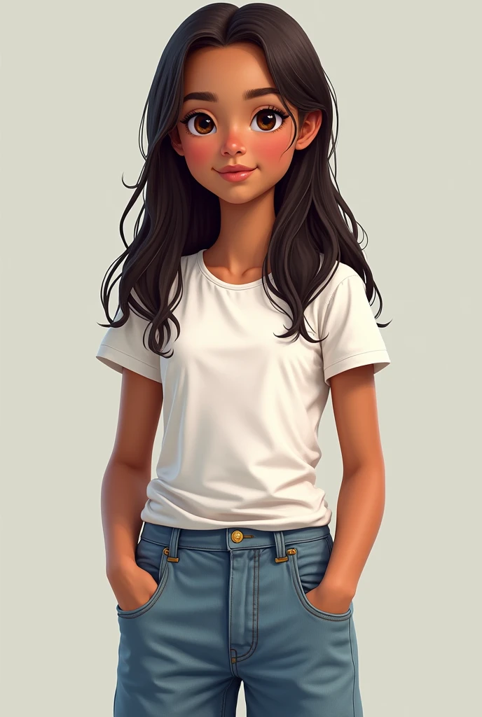 Genere a 15 year old girl with beige skin, hazel eyes and dark brown straight hair dressed in baggy jeans and a white top And an oval face Of French origin and 25% d’origine guyanaise