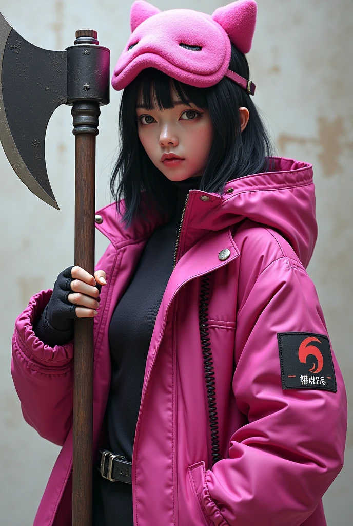 korean female valorant agent droopy eyes with eyebag, fuschia-pink color scheme, fully clothed, holding big axe, wearing sleepmask above her head, valorant map background