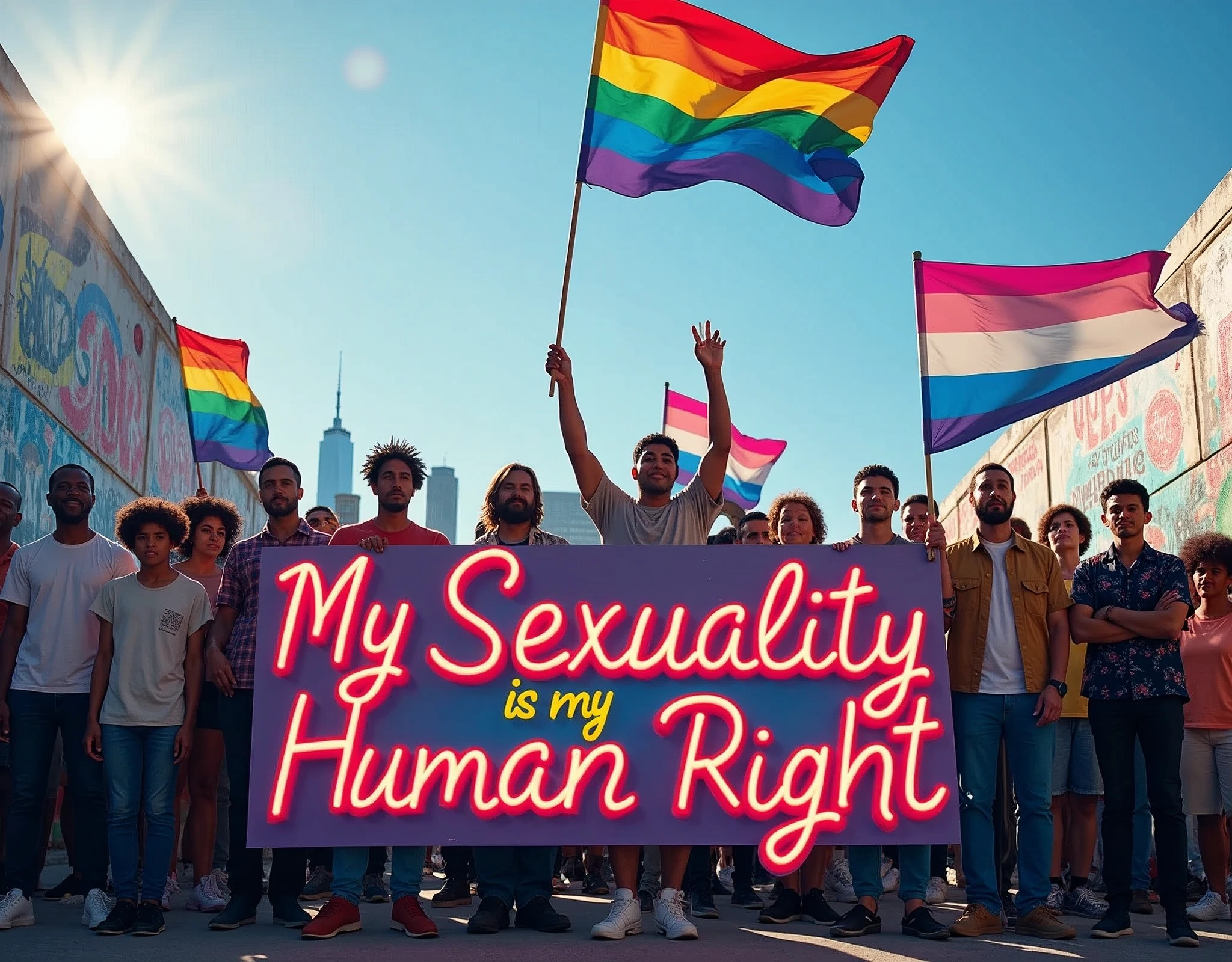 A powerful and striking image of a diverse group of men and women, both Black and white, standing together in solidarity facing the camera . The vibrant, 3D cursive message on the protest banner reads "My Sexuality is my Human Right." Rainbow flags and Transgender flags flutter in the background against a blue sky and city skyline, emphasizing the LGBTQ+ presence. The atmosphere is light and airy filled with pulsating energy, capturing the strength, love, and support that emanates from this inclusive and accepting gathering. The graffiti on the walls around them adds a layer of vibrant color and urban edge, further fueling the sense of unity and activism., vibrant, graffiti's, there is a sci-fi element to the image