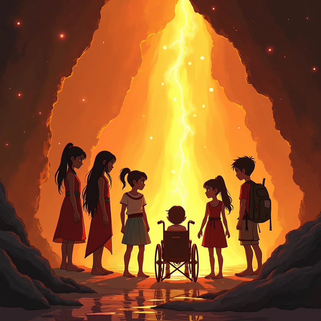 A group of 5 children (A spirited young girl from the Sunstone Tribe, A calm and wise boy from the Moonshadow Clan, A young girl from the Sky wind Nomads, who can communicate with animals, A young boy from the Earthbound Village, known for his strength and connection to the earth. A young girl with a physical disability from the Starflower Meadows, who uses her inventive mind and a magical wheelchair to navigate the world). 4 children stood with one young girl in a wheelchair, navigating the glowing Fiery Cavern, a spirited young girl from the Sunstone Tribe controlling flames, a calm and wise boy from the Moonshadow Clan creating water bridges, a young girl from the Sky wind Nomads talking to fire creatures, A young boy from the Earthbound Village moving rocks, and a young girl in a wheelchair from the Starflower Meadows, inventing tools. 
