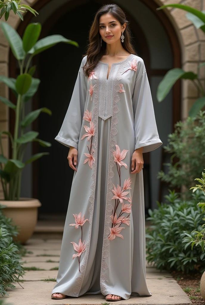 Karachi kaftan in gray colour with pink nargisi flower design 