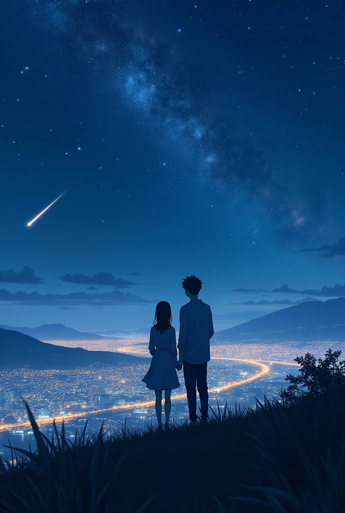 A wide-angle view captures the essence of a masterpiece, showcasing the impeccable quality and hyperrealism in the style of Makoto Shinkai. The scene depicts a breathtaking hillside where a couple's silhouettes stand, gazing at the glittering cityscape of Japan at night. The sky is adorned with a myriad of stars, and a shooting star streaks across, illuminating the area beside the characters' faces. This magical and romantic atmosphere is further enhanced as the couple's figures blend seamlessly with the distant lights, creating a mesmerizing composition.