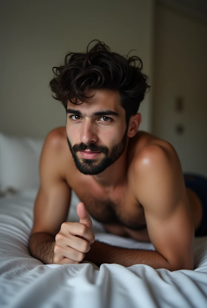 A 20-year-old Iranian white-skinned boy with black eyes and black eyebrows, a crooked nose, a thick beard, and a sexy body with a six-pack and naked muscles is lying on the bed and is masturbating.