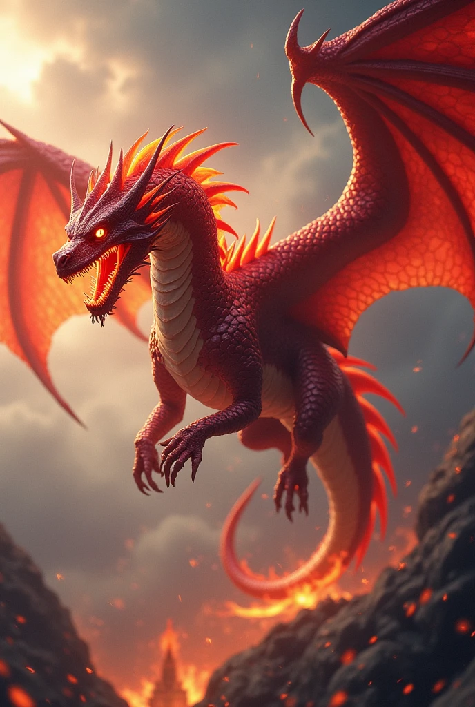 Red Dragon is breathing fire and has flashy scales.