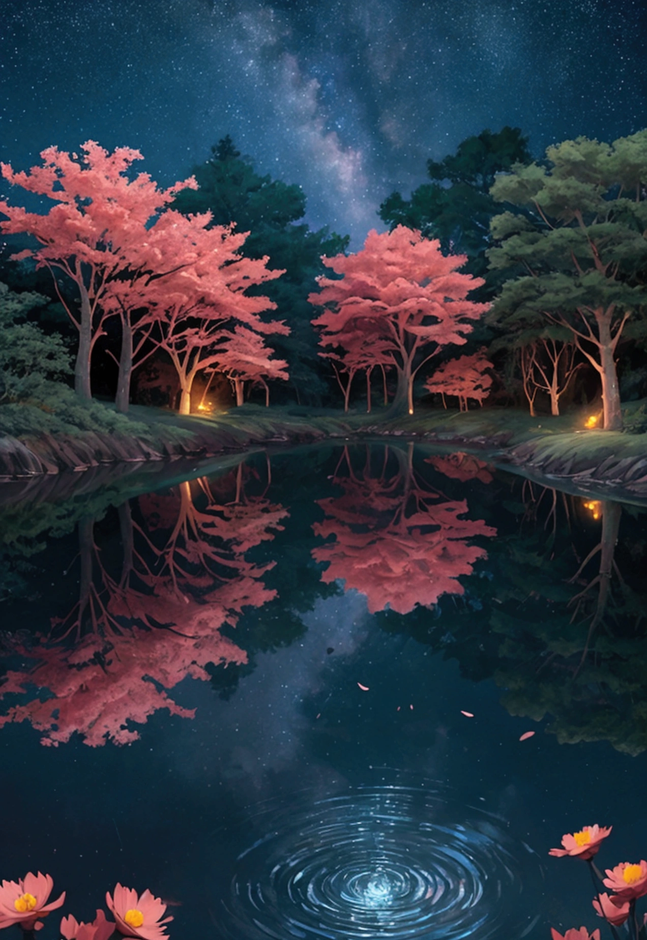 : Viral anime nature wallpaper in 4K quality, in the style of Pixar 3D inspired by Coco, showing a lively forest clearing with colorful flowers, animated trees, and a crystal-clear pond reflecting the night sky; warm and festive color temperature, cosmos lighting with stars twinkling in the sky, the atmosphere is magical and joyous --v 5 --stylize 1000