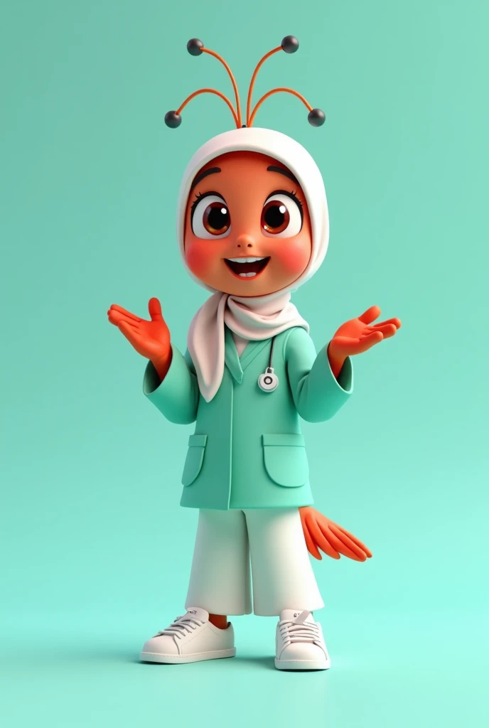 Create an 4D realistic animated character named [Suster], designed to be the iconic mascot for Clinic health of Sidoarjo, in the style of cartoon pixar movie animation. [Suster] is a 20 yo charming cute shrimp with a unique twist —he has human-like arms and legs. Her large, round brown eyes are full of energy and friendliness, inviting everyone to engage with her. Suster wears  full hijab and the shrimp antenne seem out from hijab, and a light green muslim doctor with the name " PKM--URANGAGUNG" proudly displayed across the chest, His feet are clad in bright white canvas sandals, adding a playful and youthful vibe to his appearance.  The overall design should exude warmth, approachability, and a sense of pride in representing the vibrant city of Sidoarjo. A cheerful cartoon Suster character with pose  stands in a dynamic pose, make the character's hands clasped to indicate appreciation and respect for the audience. smile with the upper teeth only slightly visible. while its legs are clad in long white culottes and white sneakers. The background is a soft turquoise, enhancing the lively and playful vibe of the character.