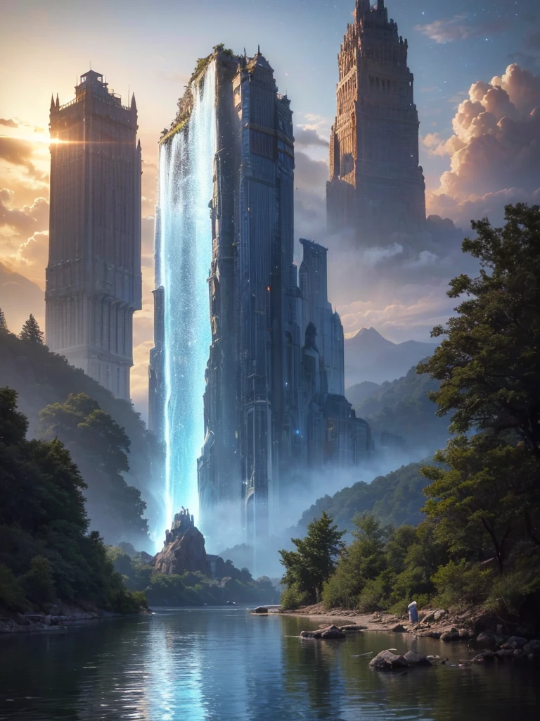 (8k, highest quality, masterpiece, final fantasy style: 1.2), (unRealistic, photoRealistic: 1.37), Dreamy landscape, Fantasy, Unsurreal landscapes, Super detailed, Flying Castle, Floating Island in the Sky, Seven-colored swirl of light, Intense lightning, milky way, Complex Light, Colored light, Large Lake, Starry sky reflected on the lake surface, Countless shining stars, Meteors, Reflections , (A pillar of light emanated from the ground:1,2), roses and orchids gardens , sunset, pink clouds, waterfalls in the sky, realistic style, Hyperrealism drawing, a flying pirate spaceship floating at the clouds level, burning skyscrapers, cyborgs, timeless realms, stunning princess , floating hair, pink lipstick, cute, naked shoulders , casting spell, healing light magic effect, in a magical lagoon of the fairyland, crystal clear water surface reflections, sharp focus, looking at viewer, (close-up:0.9), (bright white theme:1.2), (bright white tone:1.2), (deep blue tone:1.3), realistic, Hyperrealism,