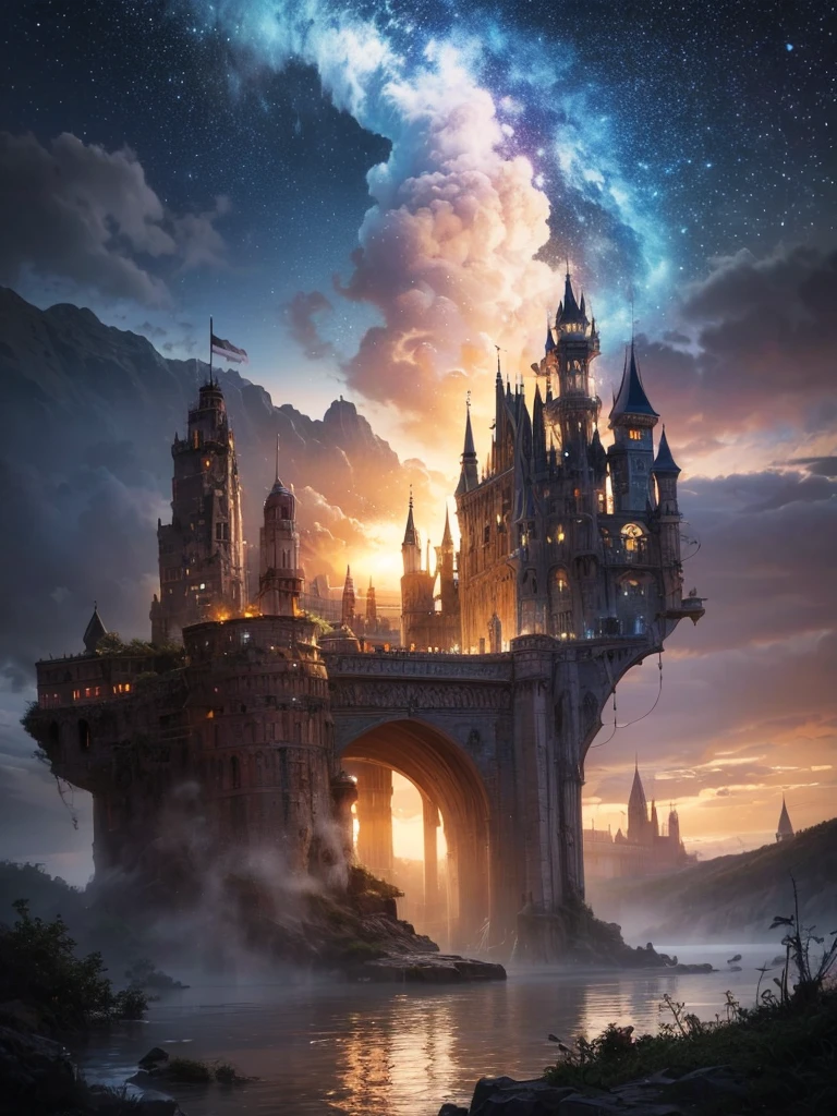 (8k, highest quality, masterpiece, final fantasy style: 1.2), (unRealistic, photoRealistic: 1.37), Dreamy landscape, Fantasy, Unsurreal landscapes, Super detailed, Flying Castle, Floating Island in the Sky, Seven-colored swirl of light, Intense lightning, milky way, Complex Light, Colored light, Large Lake, Starry sky reflected on the lake surface, Countless shining stars, Meteors, Reflections , (A pillar of light emanated from the ground:1,2), roses and orchids gardens , sunset, pink clouds, waterfalls in the sky, realistic style, Hyperrealism drawing, a flying pirate spaceship floating at the clouds level, burning skyscrapers, cyborgs, timeless realms, stunning princess , floating hair, pink lipstick, cute, naked shoulders , casting spell, healing light magic effect, in a magical lagoon of the fairyland, crystal clear water surface reflections, sharp focus, looking at viewer, (close-up:0.9), (bright white theme:1.2), (bright white tone:1.2), (deep blue tone:1.3), realistic, Hyperrealism,