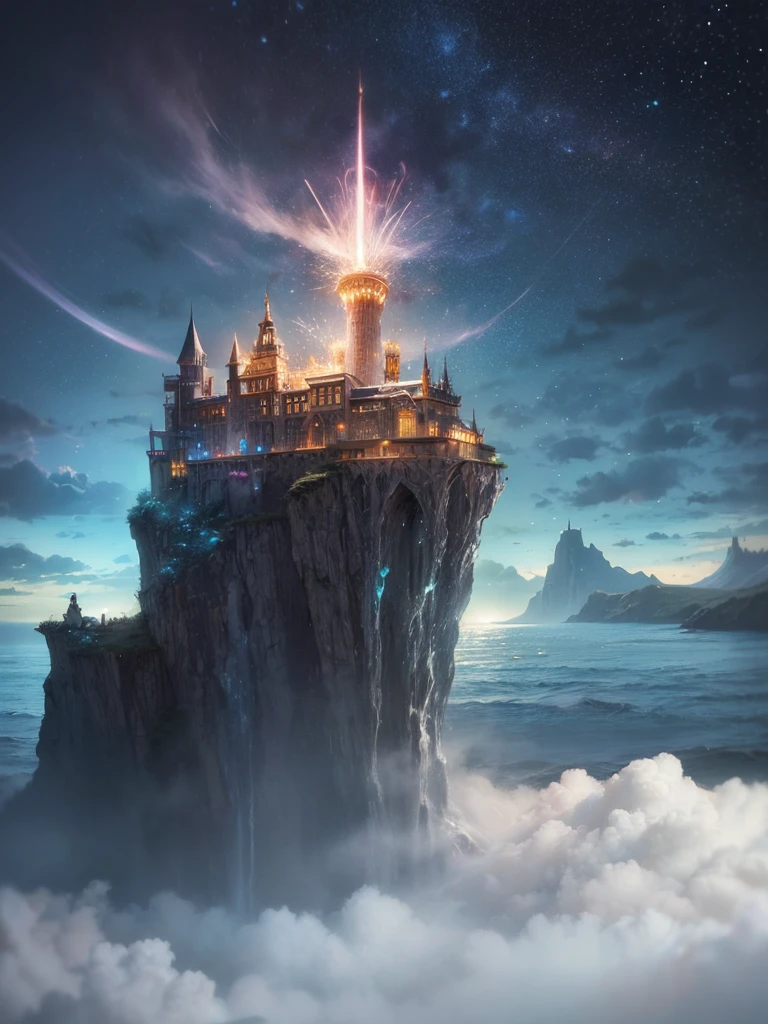 (8k, highest quality, masterpiece, final fantasy style: 1.2), (unRealistic, photoRealistic: 1.37), Dreamy landscape, Fantasy, Unsurreal landscapes, Super detailed, Flying Castle, Floating Island in the Sky, Seven-colored swirl of light, Intense lightning, milky way, Complex Light, Colored light, Large Lake, Starry sky reflected on the lake surface, Countless shining stars, Meteors, Reflections , (A pillar of light emanated from the ground:1,2), roses and orchids gardens , sunset, pink clouds, waterfalls in the sky, realistic style, Hyperrealism drawing, a flying pirate spaceship floating at the clouds level, burning skyscrapers, cyborgs, timeless realms, stunning princess , floating hair, pink lipstick, cute, naked shoulders , casting spell, healing light magic effect, in a magical lagoon of the fairyland, crystal clear water surface reflections, sharp focus, looking at viewer, (close-up:0.9), (bright white theme:1.2), (bright white tone:1.2), (deep blue tone:1.3), realistic, Hyperrealism,