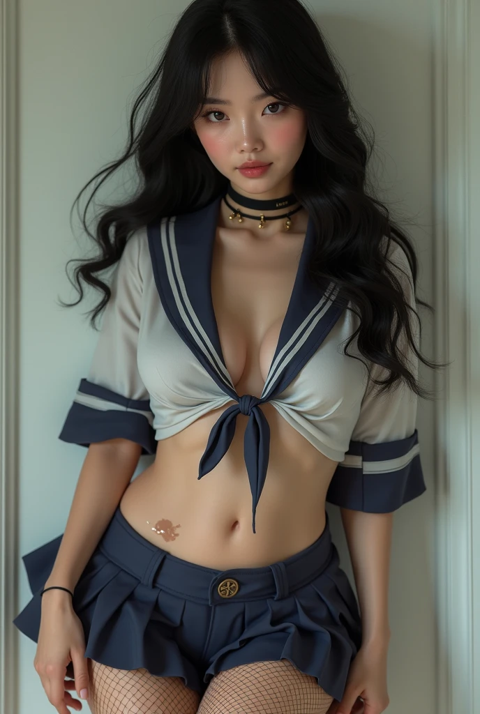 (photorealism:1.2), beautiful Japanese women in 20's wearing fishnet stockings. Unbuttoned uniform. Black hair color. Huge breast and hips.Crossed eyes with with liquid on the breast.