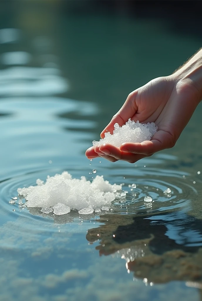 Scene of a hand taking salt out of the water and bringing it closer to the camera.