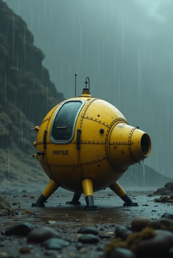 A small yellow spaceship landed on a planet,The small spaceship gets soaked in the downpour,It&#39;s dark all around,The surface of the spacecraft is riveted,There is writing on it,Landing gear,