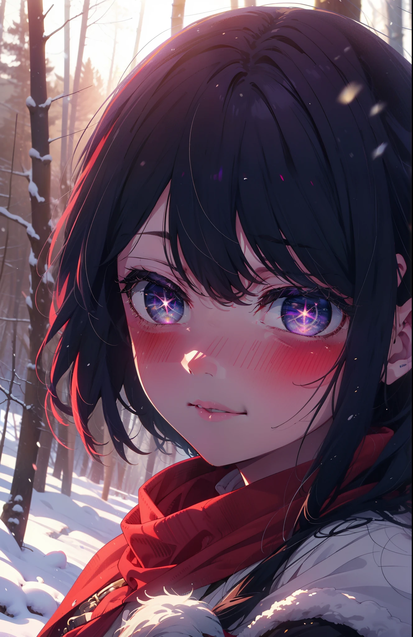 aihoshino, Ai Hoshino, Long Hair, bangs, (Purple eyes:1.1), Purple Hair, (Symbol-shaped pupil:1.5), smile,,smile,blush,white breath,
Open your mouth,snow,Ground bonfire, Outdoor, boots, snowing, From the side, wood, suitcase, Cape, Blurred, , forest, White handbag, nature, Squat, Mouth closed, Cape, winter, Written boundary depth, Black shoes, red Cape break looking at viewer, Upper Body, whole body, break Outdoor, forest, nature, break (masterpiece:1.2), Highest quality, High resolution, unity 8k wallpaper, (shape:0.8), (Beautiful and beautiful eyes:1.6), Highly detailed face, Perfect lighting, Highly detailed CG, (Perfect hands, Perfect Anatomy),