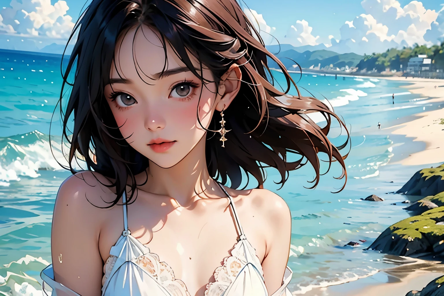 Very beautiful 17 year old girl, See through,Beautiful and fair、Clear skin、Glowing Skin, bright, Refreshing and gentle look, Perfect beautiful face、Beautiful shiny bangs, Small breasts,Lace dress,See through,At the beach、