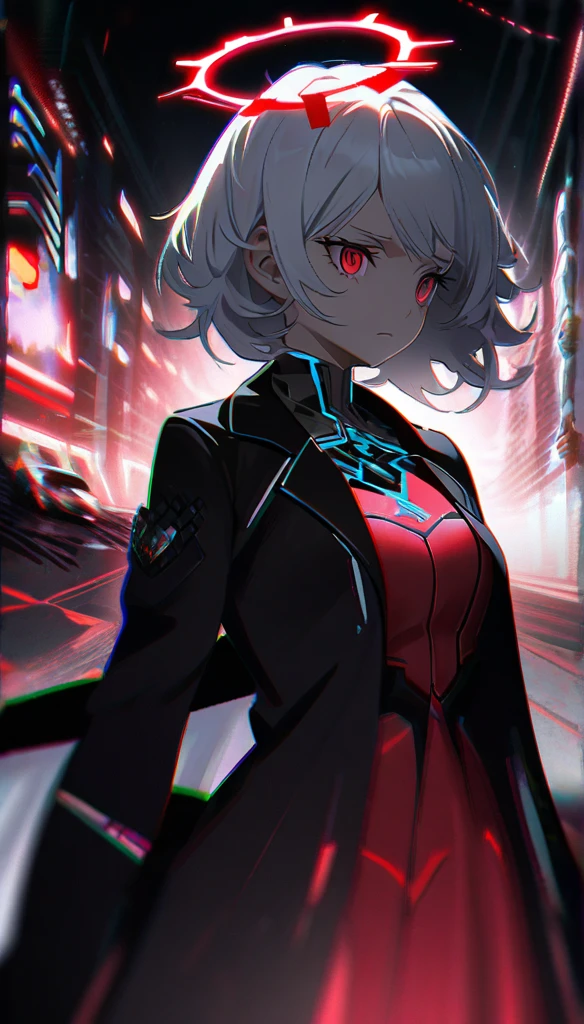 1girl, white hair, wild hair, red eyes, white eyelashes, emotionless, red glow halo, mature, black coat, short hair, chromatic aberration, corrupt image, reality break, destruction city, solo, (evil godness:1.2), digital dissolve, ambient energy