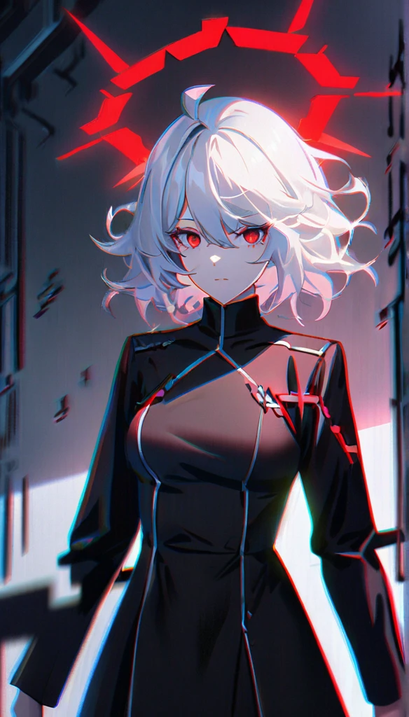 1girl, white hair, wild hair, red eyes, white eyelashes, emotionless, red glow halo, mature, black coat, short hair, chromatic aberration, corrupt image, reality break, destruction city, solo, (evil godness:1.2), digital dissolve, ambient energy